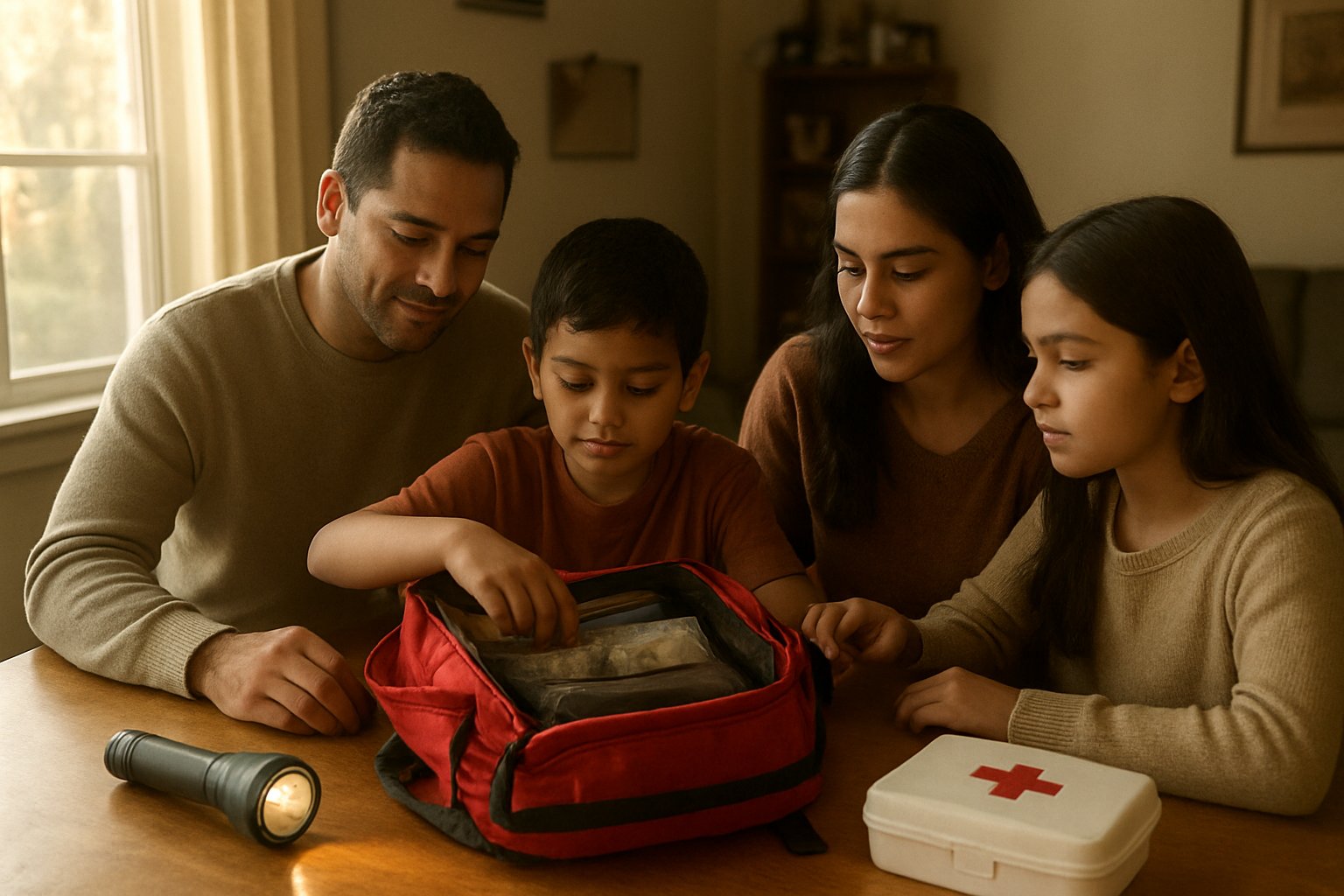 Familia revisando su kit de emergencia en casa
